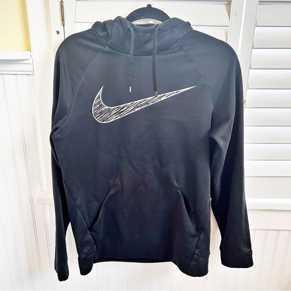 Nike Dri Fit Black & White Swoosh Graphic Fleece Lined Hooded Sweatshirt Small